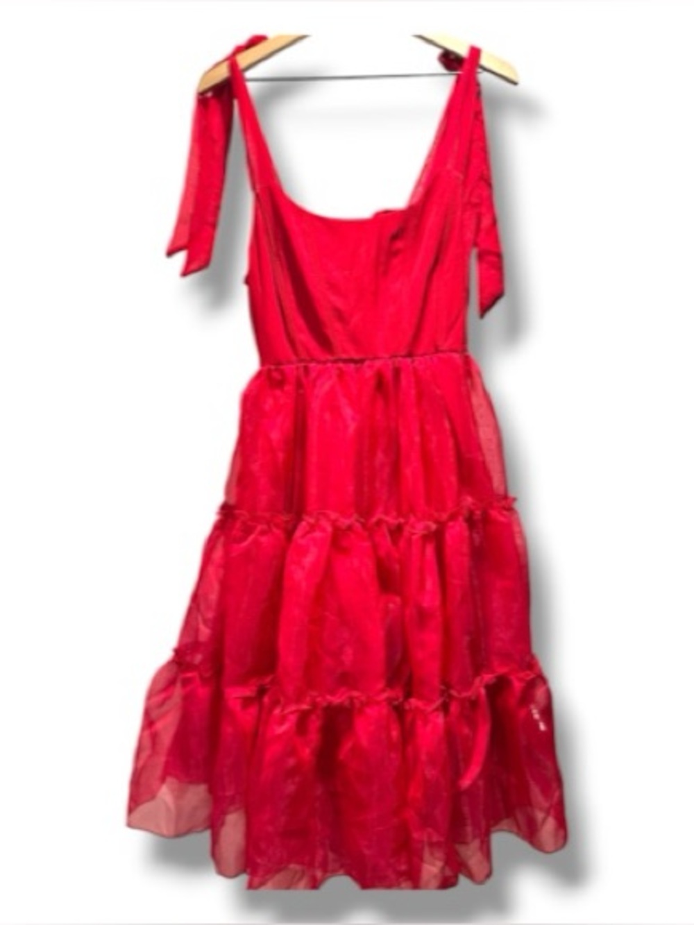 Red Tiered Organza Corset Back Midi Dress Size Small Tie Strap Party